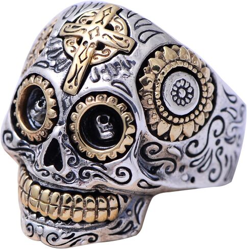 Real 925 Sterling Silver Mexican Sugar Skull Head Ring Gold Eye Cross Punk Gothic Biker Jewelry for Men Women Size 8-13 in Kuwait