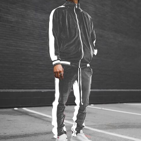 tuduoms Men's Velour Tracksuit Athletic Sports Full Zip Sweatsuit 2 Piece Long Sleeve Coat Striped Gym Outfits Jogging Sets in Kuwait