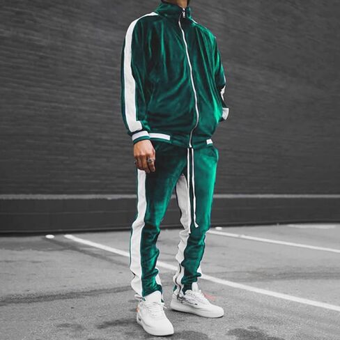 tuduoms Men's Velour Tracksuit Athletic Sports Full Zip Sweatsuit 2 Piece Long Sleeve Coat Striped Gym Outfits Jogging Sets in Kuwait