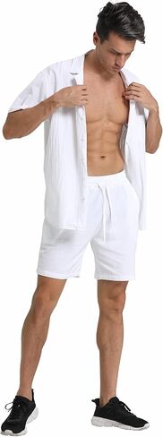 RPOVIG Linen Shirt Short Outfits:Men's Beach 2 Pieces Casual Button-Down Sets in Saudi Arabia
