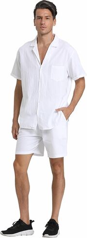 RPOVIG Linen Shirt Short Outfits:Men's Beach 2 Pieces Casual Button-Down Sets in Saudi Arabia