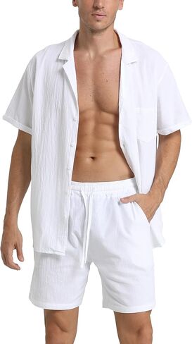 RPOVIG Linen Shirt Short Outfits:Men's Beach 2 Pieces Casual Button-Down Sets in Saudi Arabia