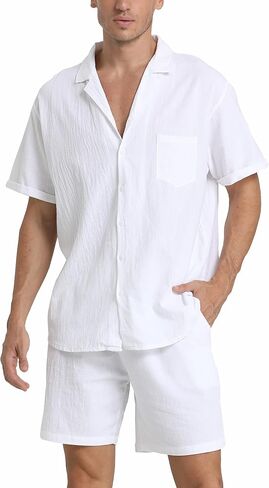 RPOVIG Linen Shirt Short Outfits:Men's Beach 2 Pieces Casual Button-Down Sets in Saudi Arabia