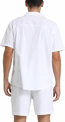 RPOVIG Linen Shirt Short Outfits:Men's Beach 2 Pieces Casual Button-Down Sets in Saudi Arabia