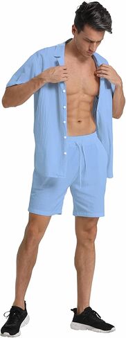 RPOVIG Linen Shirt Short Outfits:Men's Beach 2 Pieces Casual Button-Down Sets in Saudi Arabia