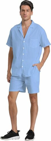 RPOVIG Linen Shirt Short Outfits:Men's Beach 2 Pieces Casual Button-Down Sets in Saudi Arabia