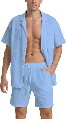 RPOVIG Linen Shirt Short Outfits:Men's Beach 2 Pieces Casual Button-Down Sets in Saudi Arabia