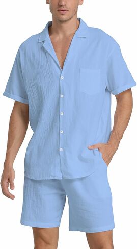 RPOVIG Linen Shirt Short Outfits:Men's Beach 2 Pieces Casual Button-Down Sets in Saudi Arabia