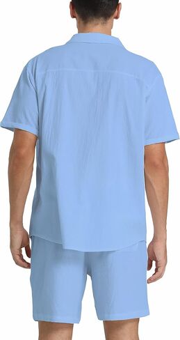 RPOVIG Linen Shirt Short Outfits:Men's Beach 2 Pieces Casual Button-Down Sets in Saudi Arabia