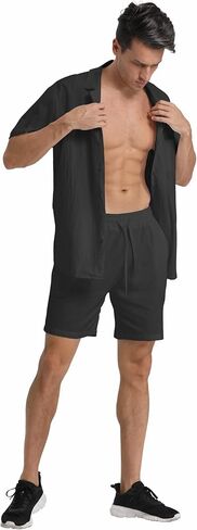 RPOVIG Linen Shirt Short Outfits:Men's Beach 2 Pieces Casual Button-Down Sets in Saudi Arabia