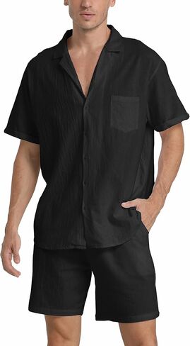 RPOVIG Linen Shirt Short Outfits:Men's Beach 2 Pieces Casual Button-Down Sets in Saudi Arabia