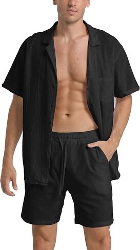 RPOVIG Linen Shirt Short Outfits:Men's Beach 2 Pieces Casual Button-Down Sets in Saudi Arabia