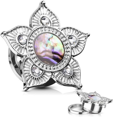 Covet Jewelry Abalone Shell Centered Tribal Flower Top Surgical Steel Screw Fit Flesh Tunnels in Saudi Arabia