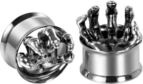 TBOSEN 2pcs Silver Cool Punk Rock Skeleton Skull Hand Bone Gauges For Ears Single Flared Ear Plugs And Tunnels 2g-1 inch in Kuwait