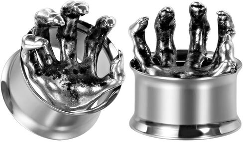 TBOSEN 2pcs Silver Cool Punk Rock Skeleton Skull Hand Bone Gauges For Ears Single Flared Ear Plugs And Tunnels 2g-1 inch in Kuwait
