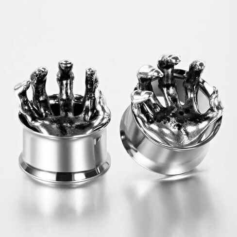 TBOSEN 2pcs Silver Cool Punk Rock Skeleton Skull Hand Bone Gauges For Ears Single Flared Ear Plugs And Tunnels 2g-1 inch in Kuwait