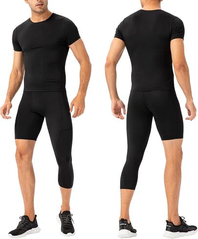 Hotfiary Men's One Leg Compression Pants Capri Tights 3/4 Athletic Leggings Base Layers for Basketball Running (2 pcs) in Kuwait