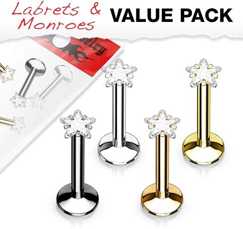WILDKLASS 4 Pcs Value Pack Internally Threaded Star Prong Top Gem Labret Monroe Titanium IP Over 316L Surgical Steel in Kuwait