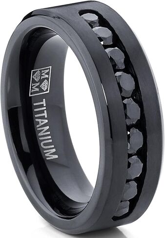 Metal Masters Co. Men's Black Titanium Ring Wedding Engagement Band with 9 Large Channel Set Black CZ, 8mm in Saudi Arabia