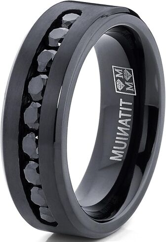 Metal Masters Co. Men's Black Titanium Ring Wedding Engagement Band with 9 Large Channel Set Black CZ, 8mm in Saudi Arabia