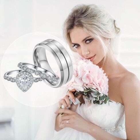 Ahloe Jewelry Teardrop Wedding Ring Sets for Him and Her Women Men Titanium Stainless Steel Bands Cz 18k Gold Pear Shaped Couple Rings in Saudi Arabia