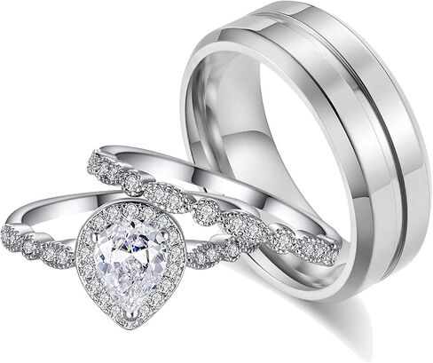 Ahloe Jewelry Teardrop Wedding Ring Sets for Him and Her Women Men Titanium Stainless Steel Bands Cz 18k Gold Pear Shaped Couple Rings in Saudi Arabia