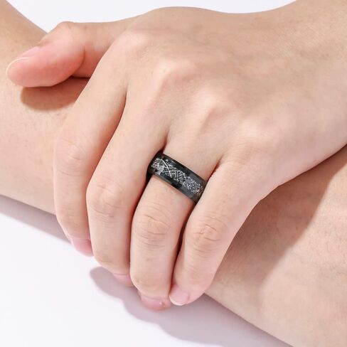 TUNGSTORY 8mm Men's Black Tungsten Carbide Wedding Band Rings with Imitated Meteorite Inlay Beveled Edge Comfort Fit Size 7-12 in Saudi Arabia