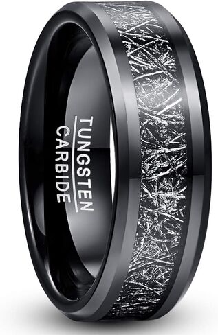 TUNGSTORY 8mm Men's Black Tungsten Carbide Wedding Band Rings with Imitated Meteorite Inlay Beveled Edge Comfort Fit Size 7-12 in Saudi Arabia