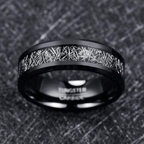 TUNGSTORY 8mm Men's Black Tungsten Carbide Wedding Band Rings with Imitated Meteorite Inlay Beveled Edge Comfort Fit Size 7-12 in Saudi Arabia