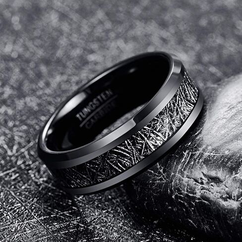 TUNGSTORY 8mm Men's Black Tungsten Carbide Wedding Band Rings with Imitated Meteorite Inlay Beveled Edge Comfort Fit Size 7-12 in Saudi Arabia