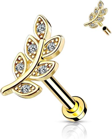 Micro CZ Paved Leaf Top on Internally Threaded Surgical Steel Flat Back Studs for Labret, Monroe, Cartilage and More in Saudi Arabia