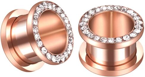 Rose Gold Plated Crystal Rhinestones CZ Ear Tunnels Plugs Expander Gauges Stretcher Earrings Screw Stainless Steel Piercing Body Jewelry Personalized Gifts in Saudi Arabia