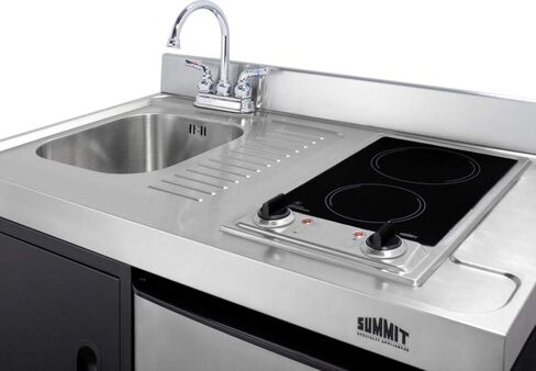 Summit Appliance C39ELGLASSBK 39" Wide All-in-One Kitchenette in Black with a 2-Burner 115V Smooth-Top Cooktop, 2-Door Refrigerator-Freezer, Sink, and Large Storage Cabinet in Kuwait