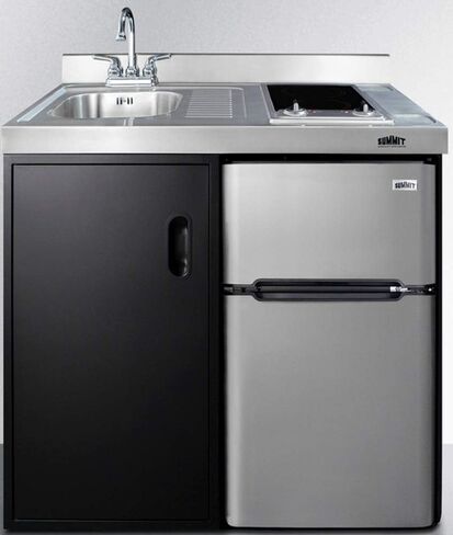 Summit Appliance C39ELGLASSBK 39" Wide All-in-One Kitchenette in Black with a 2-Burner 115V Smooth-Top Cooktop, 2-Door Refrigerator-Freezer, Sink, and Large Storage Cabinet in Kuwait
