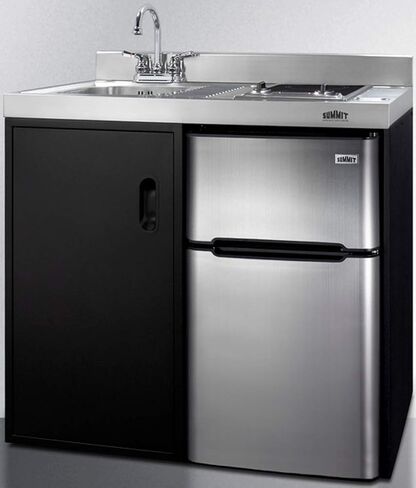 Summit Appliance C39ELGLASSBK 39" Wide All-in-One Kitchenette in Black with a 2-Burner 115V Smooth-Top Cooktop, 2-Door Refrigerator-Freezer, Sink, and Large Storage Cabinet in Kuwait