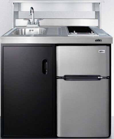 Summit Appliance C39ELGLASSBK 39" Wide All-in-One Kitchenette in Black with a 2-Burner 115V Smooth-Top Cooktop, 2-Door Refrigerator-Freezer, Sink, and Large Storage Cabinet in Kuwait