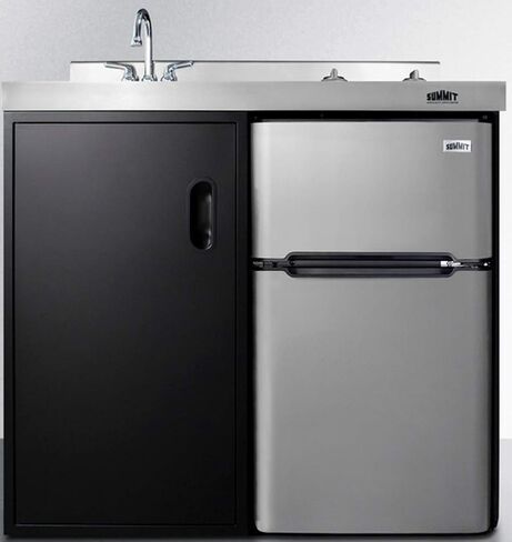 Summit Appliance C39ELGLASSBK 39" Wide All-in-One Kitchenette in Black with a 2-Burner 115V Smooth-Top Cooktop, 2-Door Refrigerator-Freezer, Sink, and Large Storage Cabinet in Kuwait