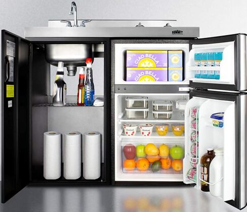 Summit Appliance C39ELGLASSBK 39" Wide All-in-One Kitchenette in Black with a 2-Burner 115V Smooth-Top Cooktop, 2-Door Refrigerator-Freezer, Sink, and Large Storage Cabinet in Kuwait