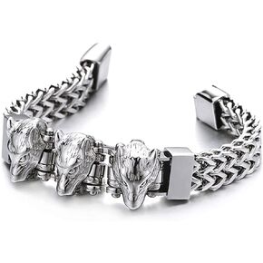 COOLSTEELANDBEYOND Men Steel Square Franco Chain Curb Chain Bracelet, ID Identification with Three Wolf Head Link Chain in Saudi Arabia