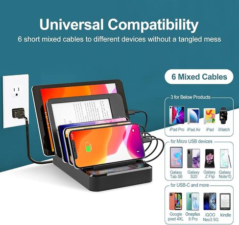 محطة شحن لأجهزة متعددة، 5 منافذ مع 6 كابلات شحن مختلطة، منظم محطة شاحن USB متعدد للهواتف المحمولة، والأجهزة اللوحية، وتابلت إلكترونيات التكنولوجيا in Kuwait