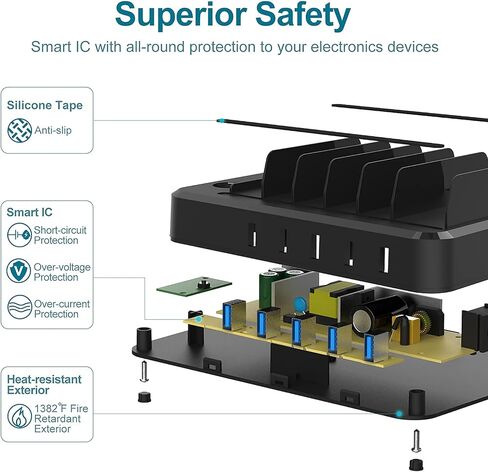 محطة شحن لأجهزة متعددة، 5 منافذ مع 6 كابلات شحن مختلطة، منظم محطة شاحن USB متعدد للهواتف المحمولة، والأجهزة اللوحية، وتابلت إلكترونيات التكنولوجيا in Kuwait