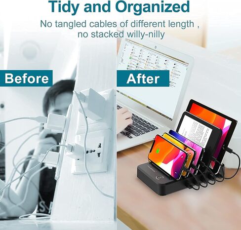 محطة شحن لأجهزة متعددة، 5 منافذ مع 6 كابلات شحن مختلطة، منظم محطة شاحن USB متعدد للهواتف المحمولة، والأجهزة اللوحية، وتابلت إلكترونيات التكنولوجيا in Kuwait