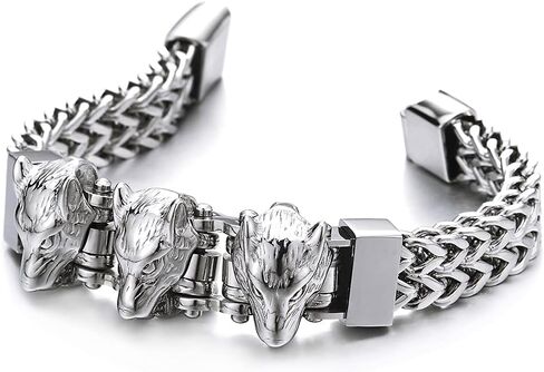 سوار سلسلة كبح من الفولاذ المربع للرجال من COOLSTEELANDBEYOND، تحديد الهوية مع سلسلة ربط برأس الذئب الثلاثة in Saudi Arabia