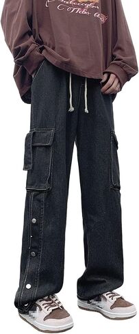 Men Straight Leg Jeans Relaxed Fit Work Pants Jeans with Cargo Pockets in Kuwait