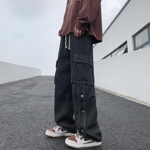 Men Straight Leg Jeans Relaxed Fit Work Pants Jeans with Cargo Pockets in Kuwait