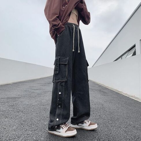 Men Straight Leg Jeans Relaxed Fit Work Pants Jeans with Cargo Pockets in Kuwait