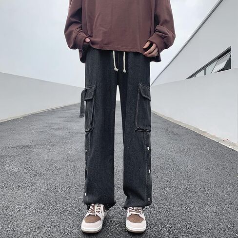 Men Straight Leg Jeans Relaxed Fit Work Pants Jeans with Cargo Pockets in Kuwait