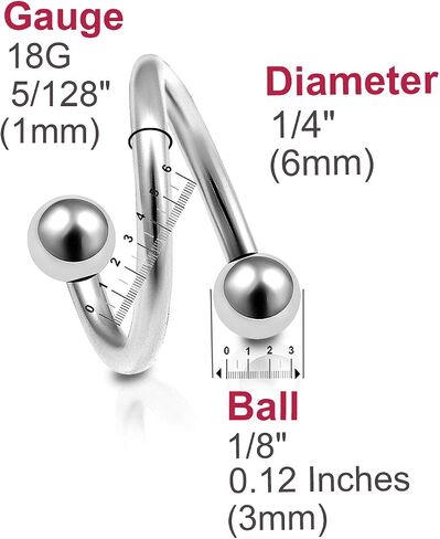 Bodyjewellery 2 قطعة 18 جرام دوامة الحديد الغضروف القرط الشفاه الزنمة الحاجب هوب اللولب الملتوية بار الصلب ترصيع BBDG كرات اختيار الحجم in Kuwait