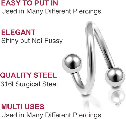 Bodyjewellery 2 قطعة 18 جرام دوامة الحديد الغضروف القرط الشفاه الزنمة الحاجب هوب اللولب الملتوية بار الصلب ترصيع BBDG كرات اختيار الحجم in Kuwait