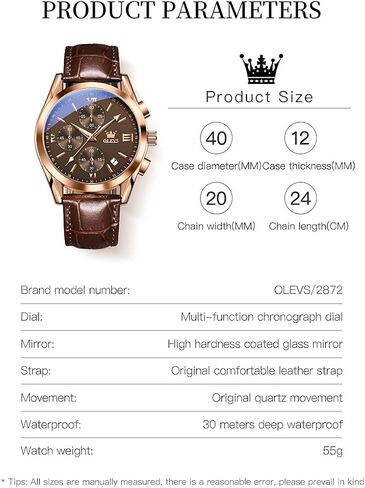 OLEVS Men's Chronograph Quartz Watches, Leather Strap Gold Case with Day Date, Waterproof Stainless Steel Wrist Watch, Luminous Hand Analog Watches for Men, Brown/Black/Blue/White Dial in Saudi Arabia